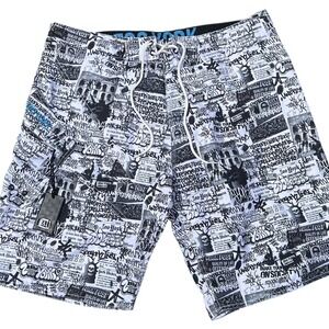 Zoo York Board Shorts Excelsior 36‎ Graffiti Newsprint Drawstring Black & White